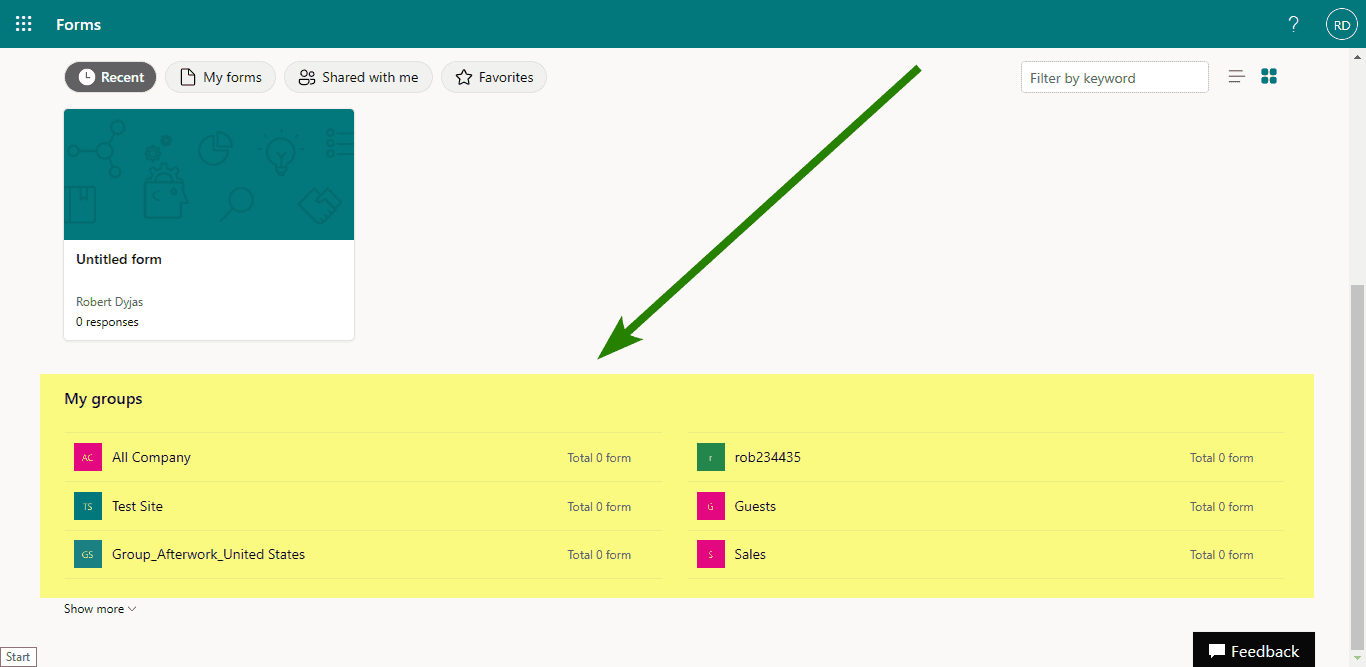 Welcome page with My Groups section