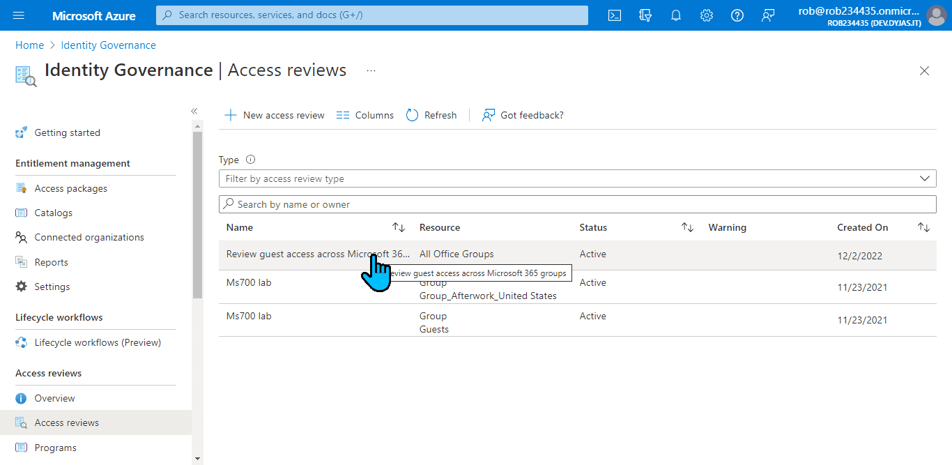 Entering the access review details blade