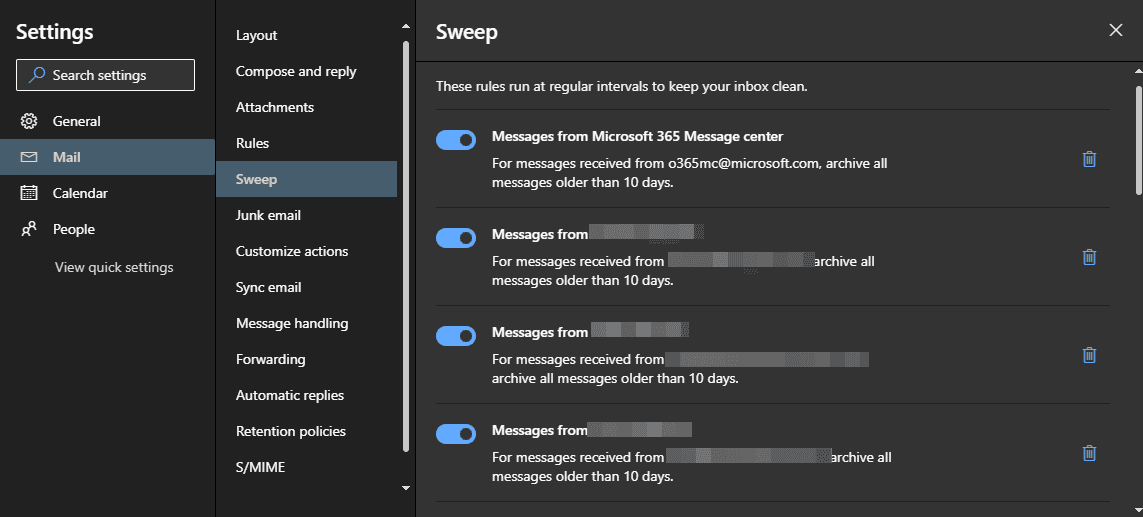 Sweep rules management window